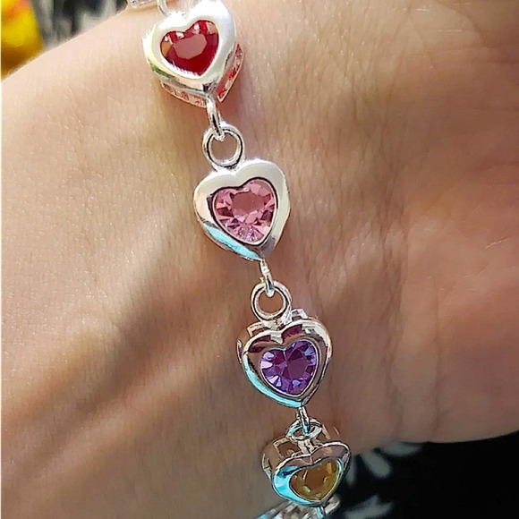 Sterling Silver Heart Multicolor Gemstone 925 Stamped Bracelet - Picture 9 of 12